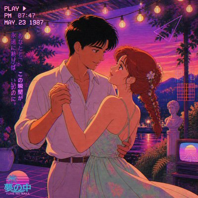 an original couple dancing under string lights in a garden at dusk: a man with short black hair in a linen shirt and a woman with braided red hair in a summer dress