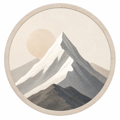 an emblem of a mountain peak inside a circle, simple bold shapes on a plain background, no text or lettering