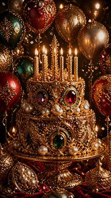 a birthday cake with lit candles surrounded by balloons and confetti, festive vertical composition, no text