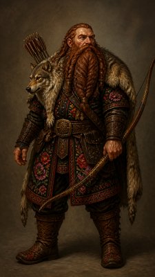 full-body original character: a dwarven ranger with a braided auburn beard, worn leather armor, a longbow and a wolf-pelt cloak, neutral background, no text