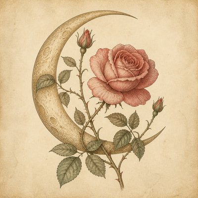 a rose entwined with a crescent moon, clean balanced composition on a plain background, no text