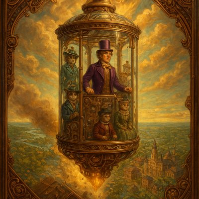An awe-inspiring and whimsical scene featuring Willy Wonka's Great Glass Wonkavator, soaring high above Louisiana and ascending into a fantastical sky. The Wonkavator itself is a magnificent, multi-directional glass elevator, transparent and sparkling, with Willy Wonka (in his iconic purple coat and top hat), and several  cats in stylish New Orleans clothing clearly visible and enjoying the ride inside. The interior of the Wonkavator shows intricate, whimsical control panels. The Wonkavator is depicted in mid-flight, having just burst through the factory roof or rising above the clouds. Below it, the fantastical landscape of the Bayou and various whimsical buildings from the city of New Orleans. Beyond is the ocean. The lighting is bright and magical, emphasizing the glass's transparency and the vibrant colors of the world below and beyond. The overall mood is one of boundless adventure, limitless possibilities, and pure, joyful fantasy."