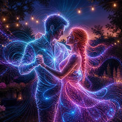 an original couple dancing under string lights in a garden at dusk: a man with short black hair in a linen shirt and a woman with braided red hair in a summer dress