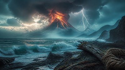 an erupting volcano with lightning strikes, dramatic wide composition, no text