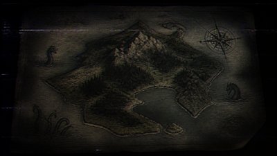 a map of an island realm with mountains, forests, a sheltered bay, sea monsters in the water and a compass rose, no text labels