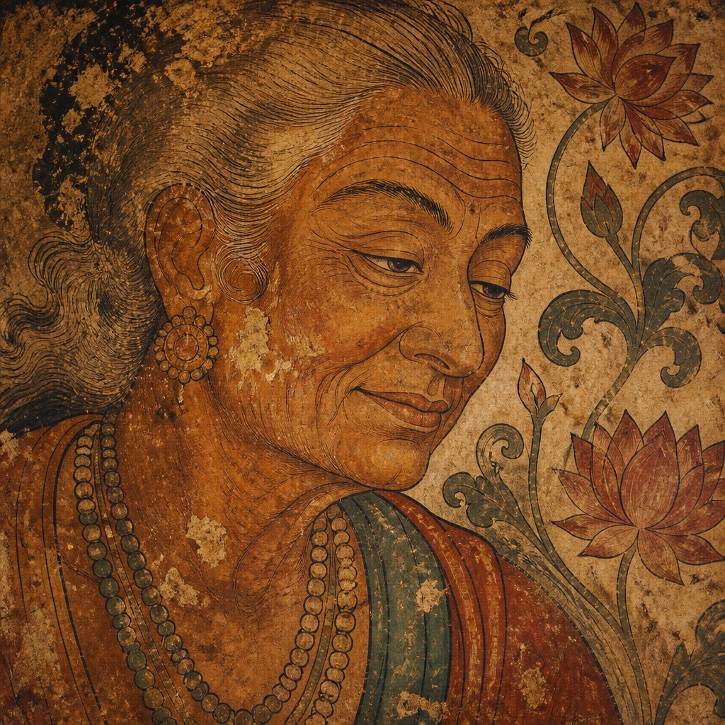 close-up portrait of an elderly person with expressive weathered features — Ancient Indian Mural Art Style