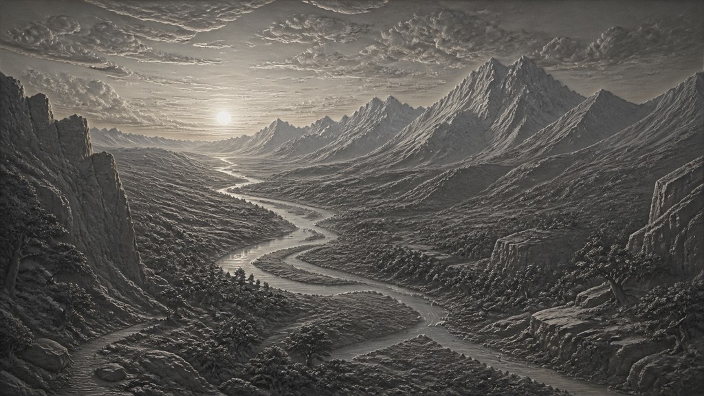 a vast valley with a river winding toward distant mountains at sunrise, no people, no text
