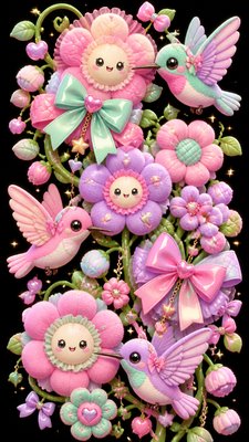 a climbing vine of flowers and hummingbirds on a dark background, tall wrapping composition, no text