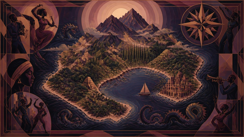 a map of an island realm with mountains, forests, a sheltered bay, sea monsters in the water and a compass rose, no text labels