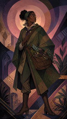 full-body original character: a wandering botanist with a satchel of plants, a patched green cloak, tall boots and round glasses, neutral background