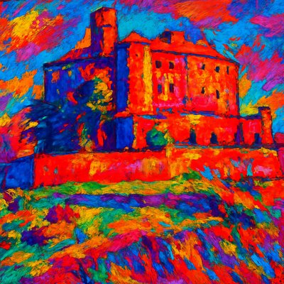 a painting of a red building on a hill