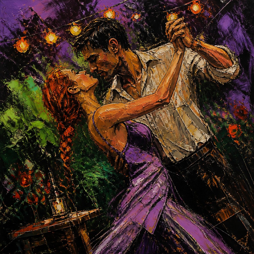 an original couple dancing under string lights in a garden at dusk: a man with short black hair in a linen shirt and a woman with braided red hair in a summer dress