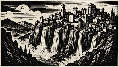 a cliffside city with waterfalls cascading into a misty canyon, wide establishing shot, no people, no text