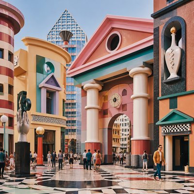 urban street with city activity — Postmodern Architecture