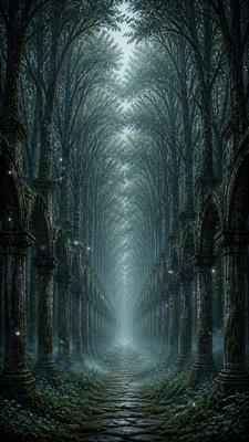 a mysterious forest path with fireflies and drifting mist, atmospheric vertical composition with open space at the top, no text