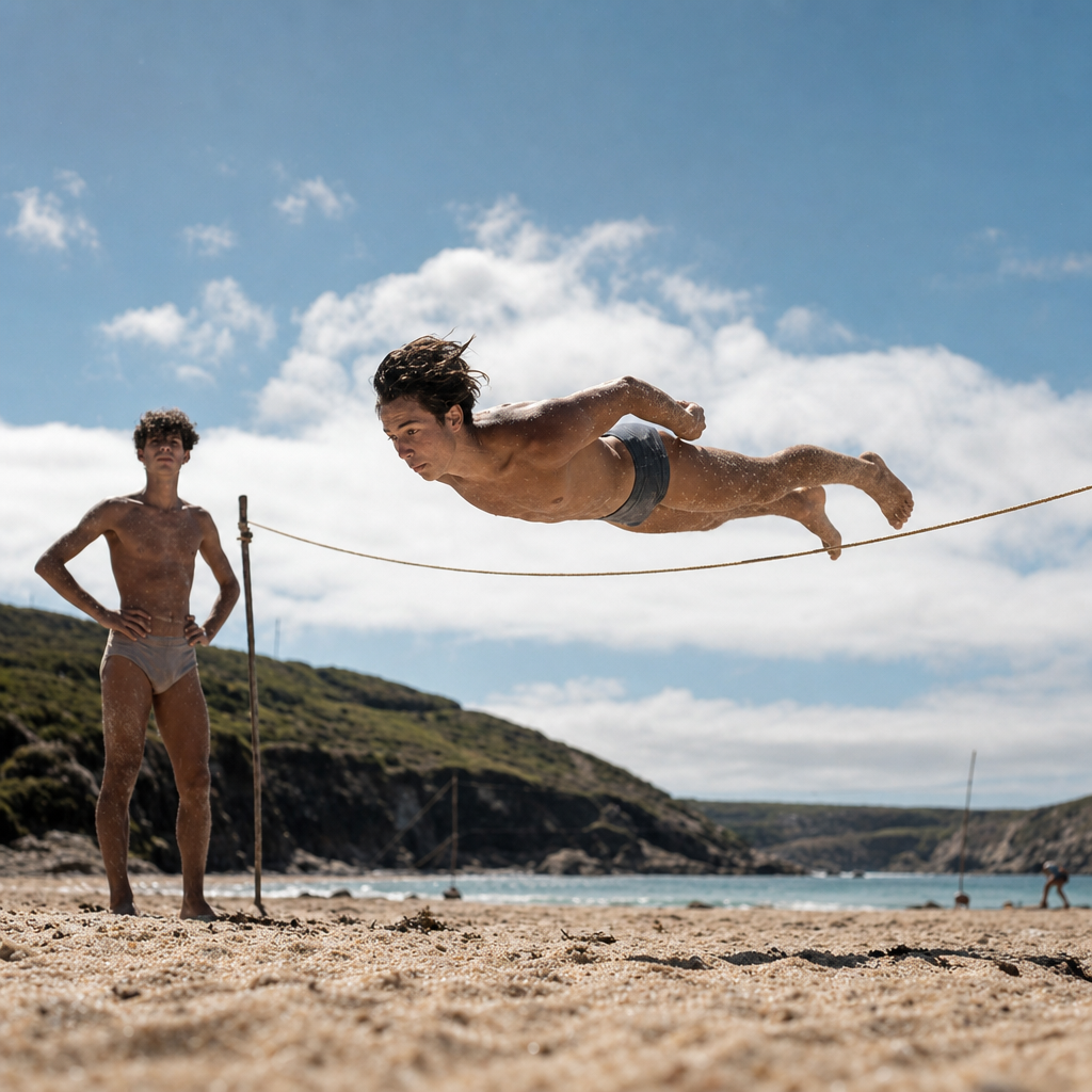 a young man is playing volleyball on the beach