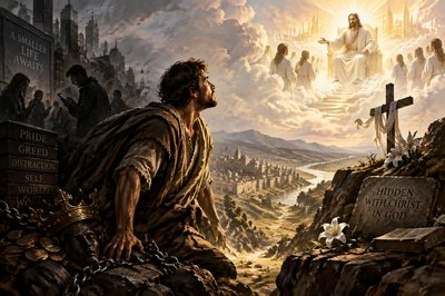 quote from the Scripture verse “If then you have been raised with Christ, seek the things that are above, where Christ is, seated at the right hand of God. Set your minds on things that are above, not on things that are on earth. For you have died, and your life is hid with Christ in God. When Christ who is our life appears, then you also will appear with him in glory.” 
– Colossians 3:1-4 
