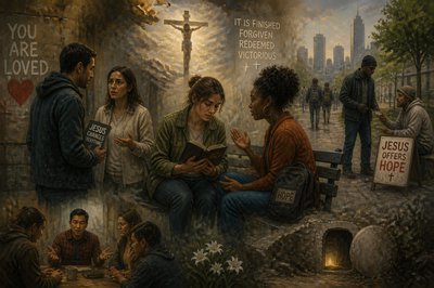 modern people witnessing for Christ today and sharing his victory on the cross
