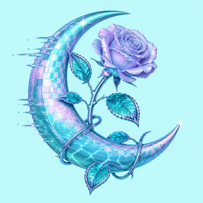 a rose entwined with a crescent moon, clean balanced composition on a plain background, no text