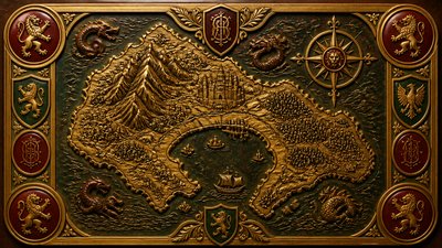a map of an island realm with mountains, forests, a sheltered bay, sea monsters in the water and a compass rose, no text labels