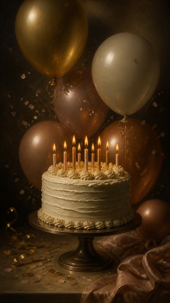 a birthday cake with lit candles surrounded by balloons and confetti, festive vertical composition, no text