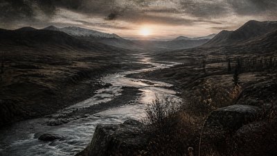 a vast valley with a river winding toward distant mountains at sunrise, no people, no text