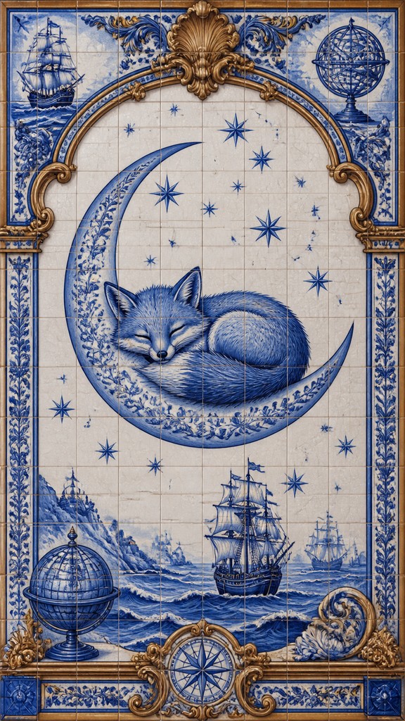a sleeping baby fox curled on a crescent moon among soft stars, gentle and warm, no text
