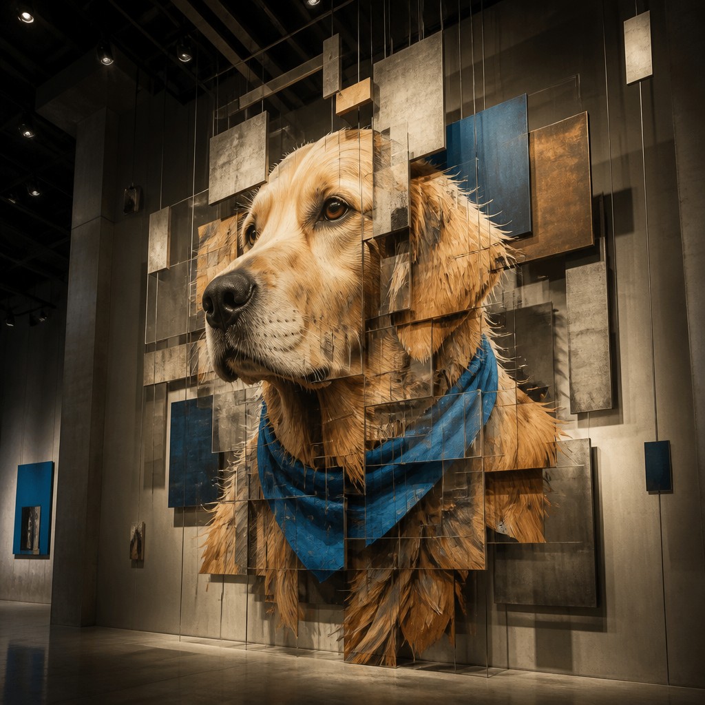 portrait of a golden retriever wearing a blue bandana, warm plain backdrop, no text