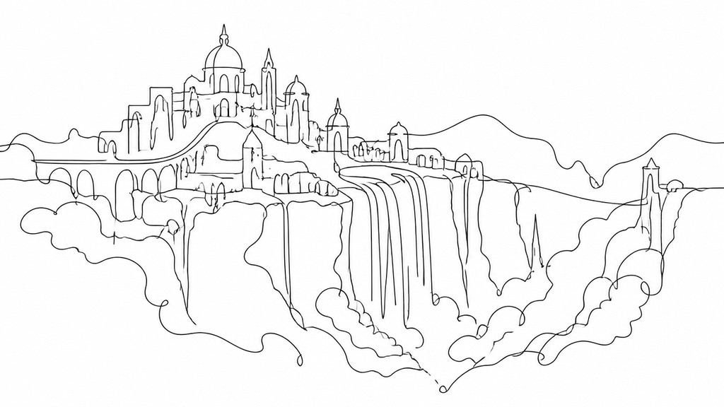 a cliffside city with waterfalls cascading into a misty canyon, wide establishing shot, no people, no text