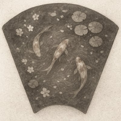 A koi pond seen from above, orange and white koi fish swimming among lily pads, clear water with subtle ripples, fallen cherry blossom petals floating on the surface, dappled sunlight