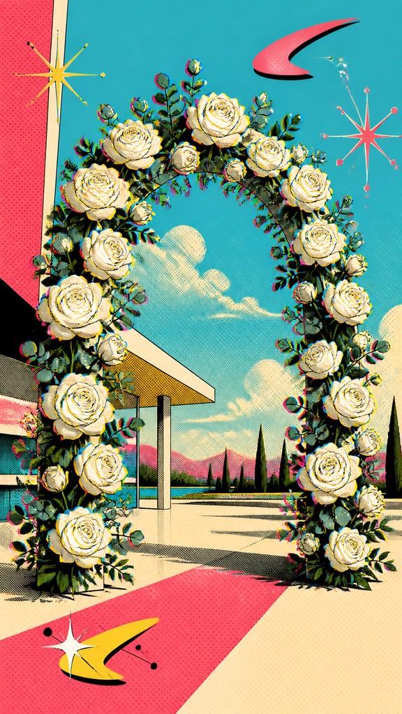 an arch of white roses and eucalyptus in soft morning light, elegant vertical composition with open space, no text