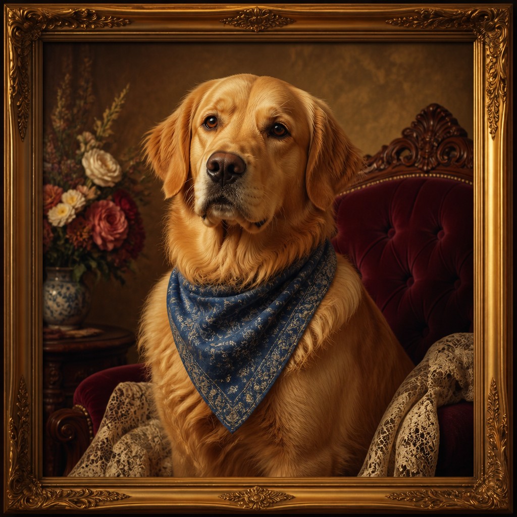 portrait of a golden retriever wearing a blue bandana, warm plain backdrop, no text