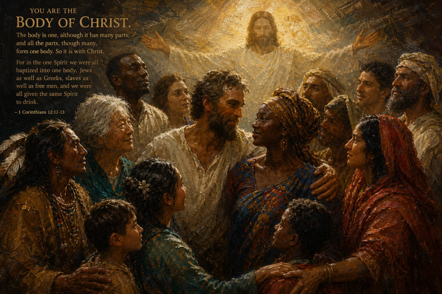 “You Are the Body of Christ. The body is one, although it has many parts; and all the parts, though many, form one body. So it is with Christ. For in the one Spirit we were all baptized into one body, Jews as well as Greeks, slaves as well as free men, and we were all given the same Spirit to drink.
– 1 Corinthians 12:12-13