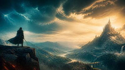 sweeping panoramic landscape with a dramatic sky