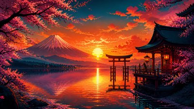 make a 3440 over 1440, 21:9 aspect ratio wallpaper 4k art of a japanease style sunset over a lake with lots of orange and black, with pink, red  and teal tones