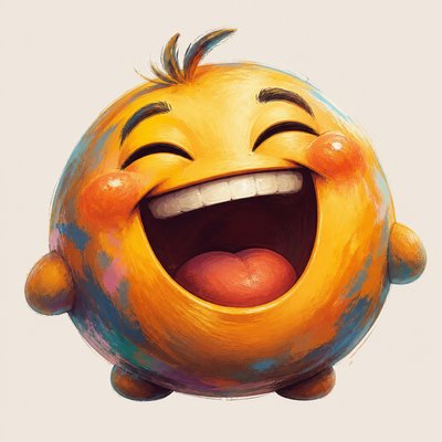 an exaggerated laughing face of an original round mascot character, bold and readable at small size, plain background, no text