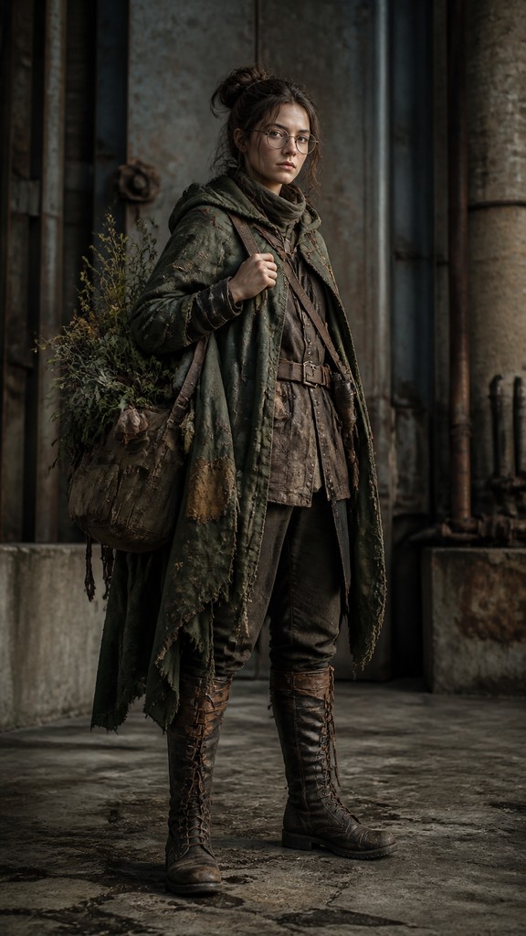 full-body original character: a wandering botanist with a satchel of plants, a patched green cloak, tall boots and round glasses, neutral background