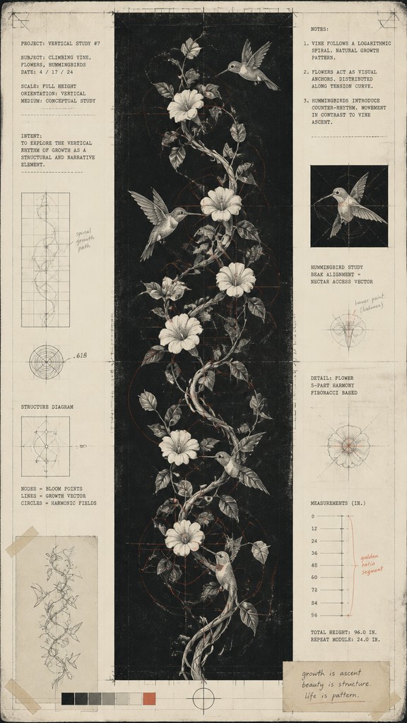 a climbing vine of flowers and hummingbirds on a dark background, tall wrapping composition, no text