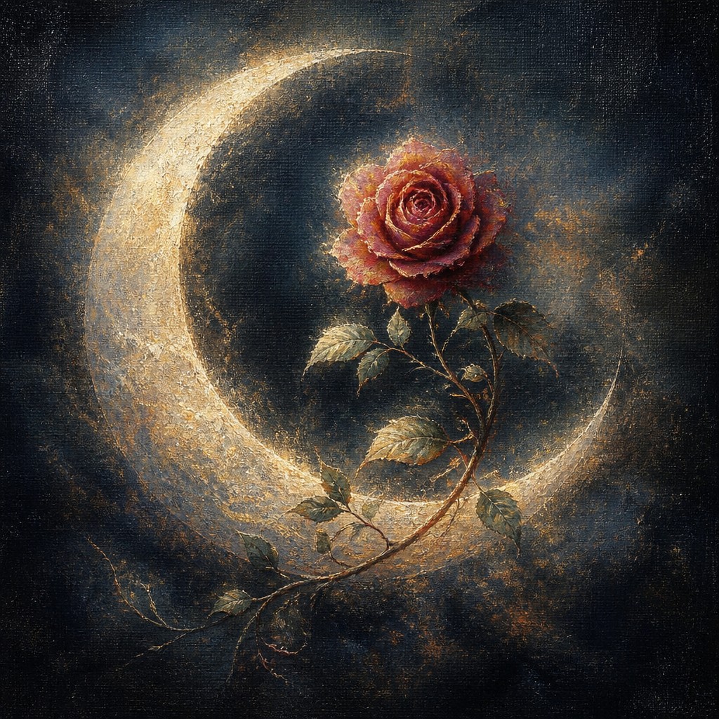 a rose entwined with a crescent moon, clean balanced composition on a plain background, no text