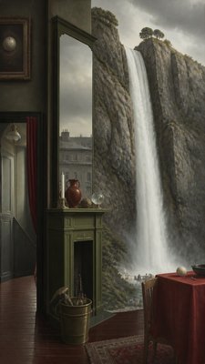 towering waterfall cascading down a cliff