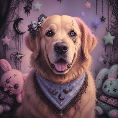 portrait of a golden retriever wearing a blue bandana, warm plain backdrop, no text