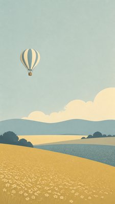 a hot air balloon drifting over rolling flower fields on a sunny day, cheerful, no text