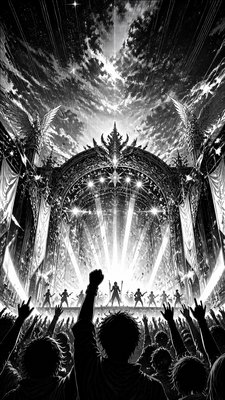 a live music scene with a glowing stage and silhouetted crowd, energetic vertical composition with open space at the top, no text