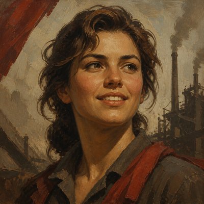 head-and-shoulders portrait of an original character: a young woman with wavy chestnut hair and a warm smile, plain soft backdrop