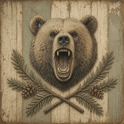 a roaring bear head above crossed pine branches, bold graphic composition on a plain background, no text