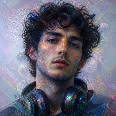 head-and-shoulders portrait of an original character: a young man with curly dark hair and headphones around his neck, plain backdrop, no text