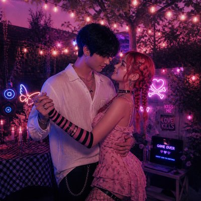 an original couple dancing under string lights in a garden at dusk: a man with short black hair in a linen shirt and a woman with braided red hair in a summer dress
