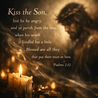 “Kiss the Son, lest he be angry, and ye perish from the way, when his wrath is kindled but a little. Blessed are all they that put their trust in him.” (Psalms 2:12, KJV)
