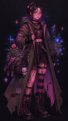 full-body original character: a wandering botanist with a satchel of plants, a patched green cloak, tall boots and round glasses, neutral background