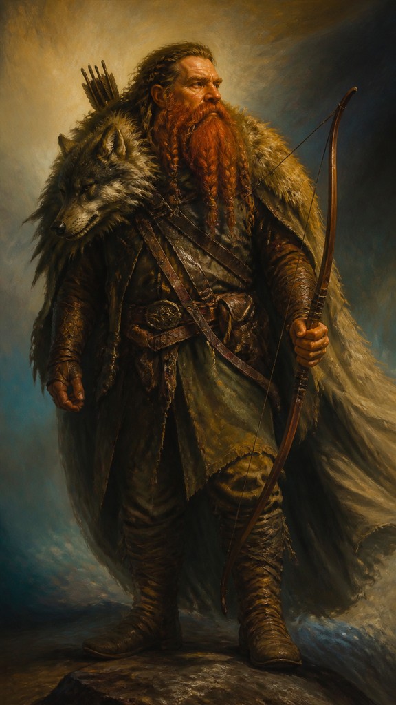full-body original character: a dwarven ranger with a braided auburn beard, worn leather armor, a longbow and a wolf-pelt cloak, neutral background, no text